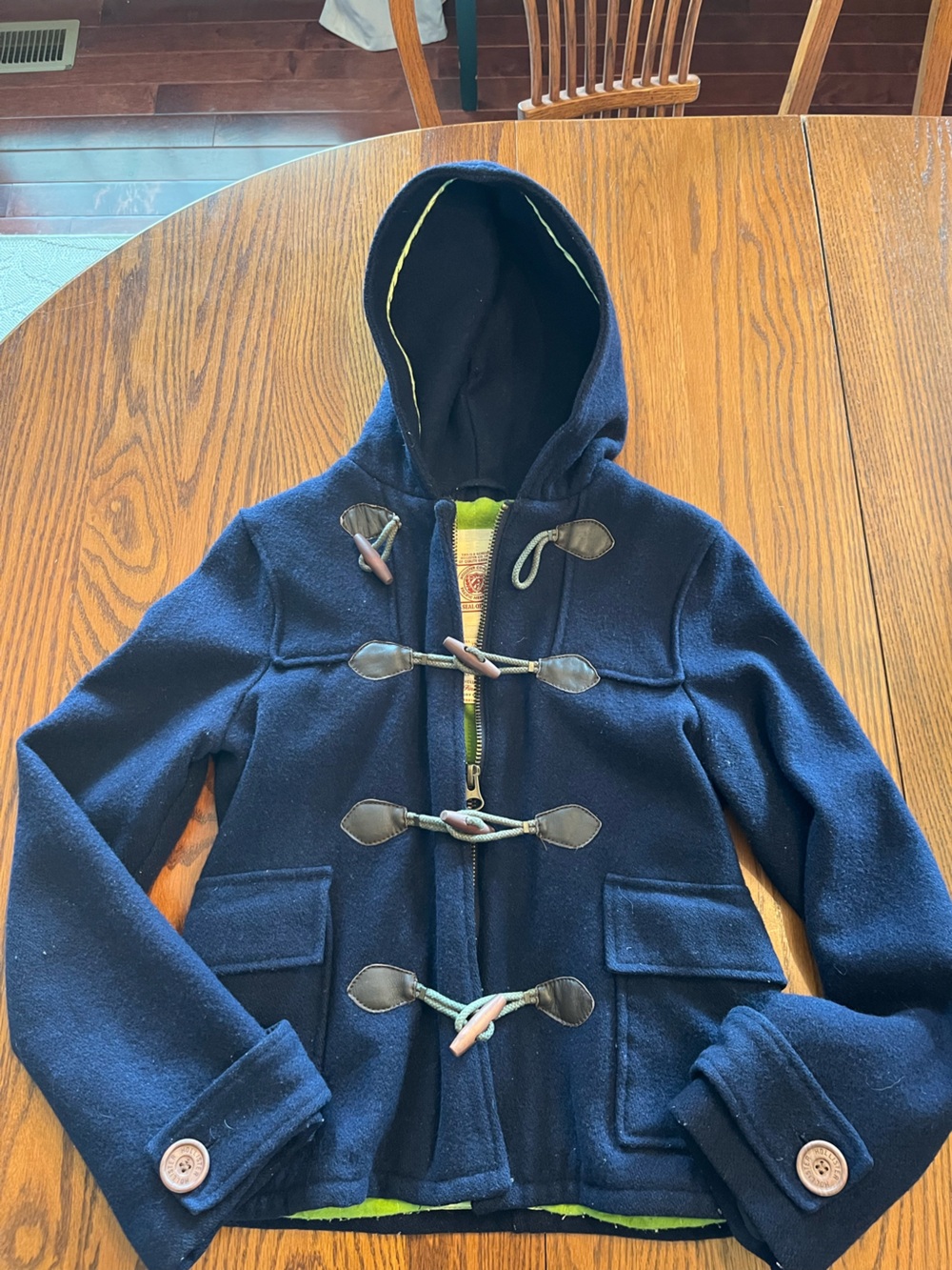 Hollister Navy Hooded Toggle Coat with Green Lining